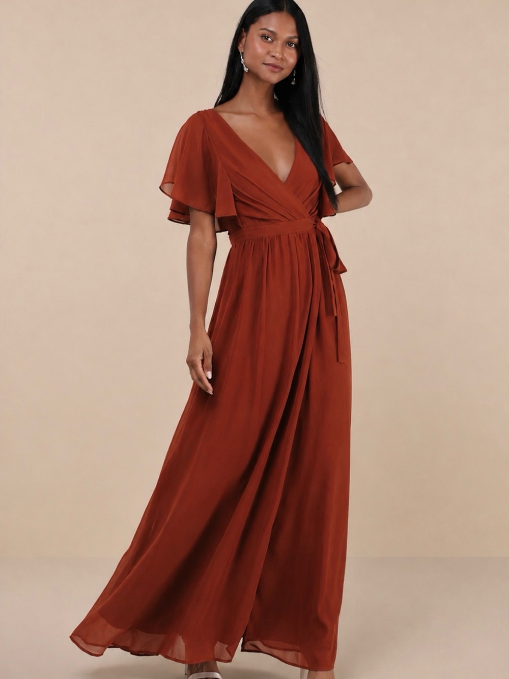 Lulus Convincing Grace Rust Orange Flutter Sleeve Wrap Maxi Dress Size M NWT